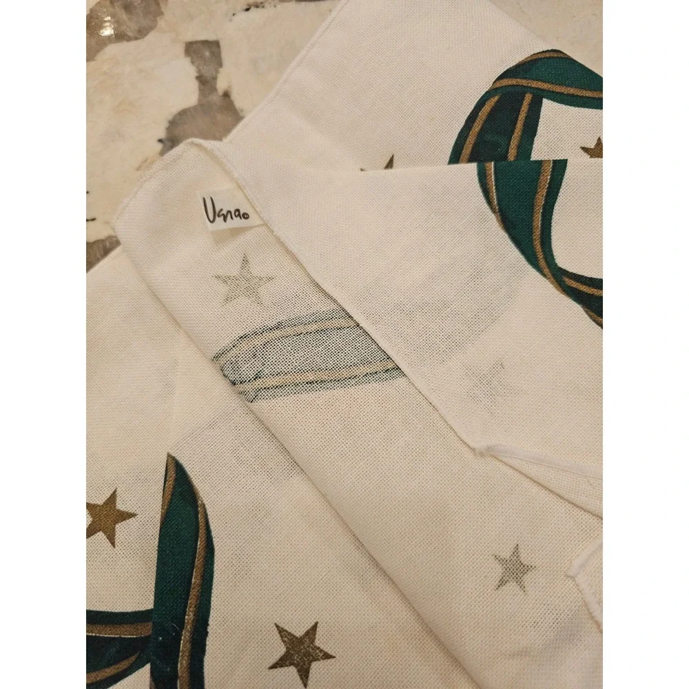 Vintage Vera Holiday Table Runner Green Ribbon Stars Tassels Cream
